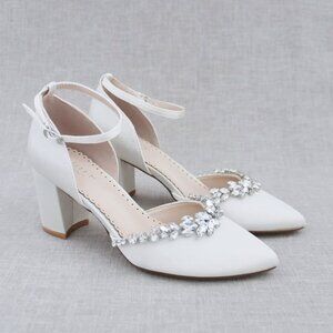 NEW Ivory Satin Almond Toe Wedding Block Heel with Marquise Rhinestones size 7